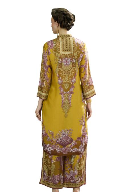 Shop_Rajdeep Ranawat_Yellow Silk, Modal Embroidery Gloria Floral Print Layered Flared Pant _Online_at_Aza_Fashions