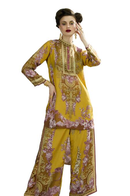 Rajdeep Ranawat_Yellow Silk, Modal Embroidery Gloria Floral Print Layered Flared Pant _at_Aza_Fashions