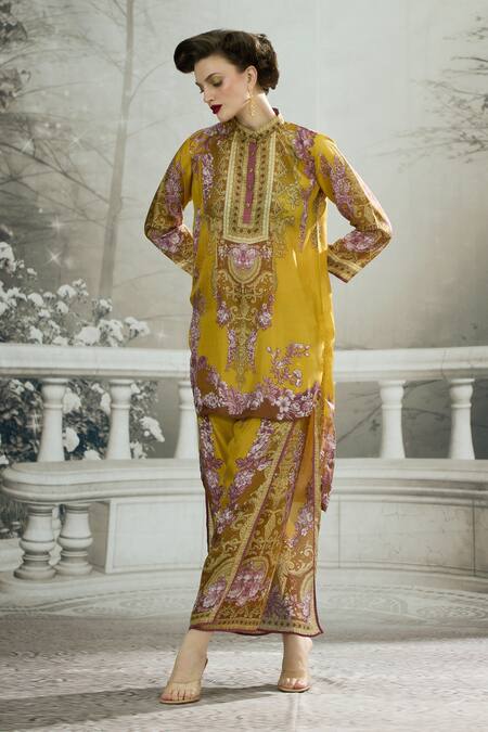 Buy_Rajdeep Ranawat_Yellow Silk, Modal Embroidery Gloria Floral Print Layered Flared Pant 
