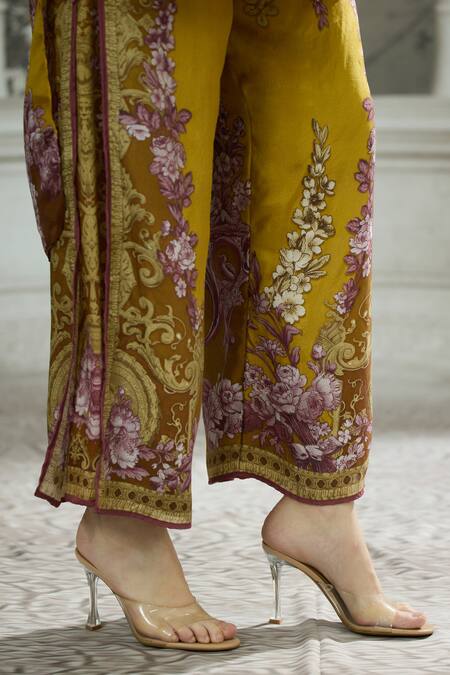 Shop_Rajdeep Ranawat_Yellow Silk, Modal Embroidery Gloria Floral Print Layered Flared Pant 