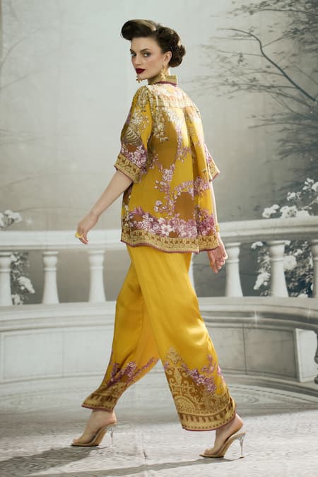 Shop_Rajdeep Ranawat_Yellow Modal, Satin Permaz Floral Border Print Flared Pant _at_Aza_Fashions