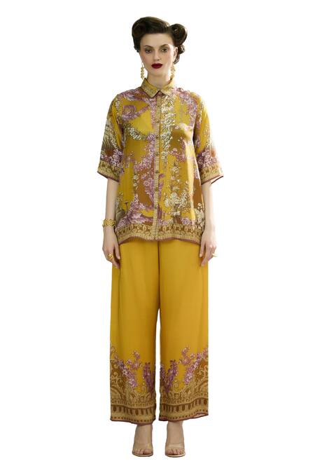 Rajdeep Ranawat_Yellow Modal, Satin Permaz Floral Border Print Flared Pant _Online_at_Aza_Fashions