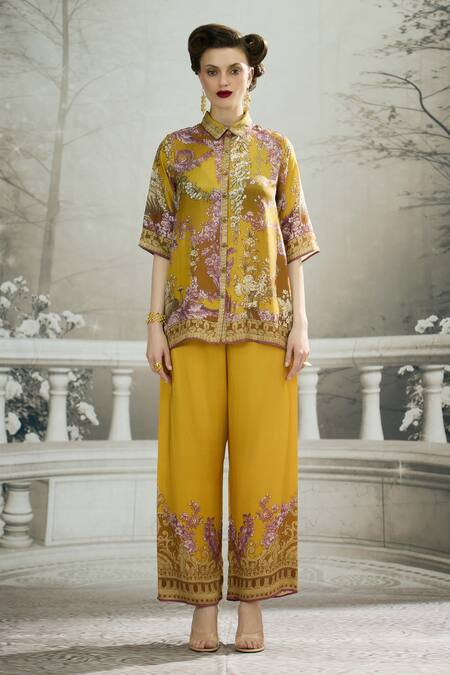Buy_Rajdeep Ranawat_Yellow Modal, Satin Permaz Floral Border Print Flared Pant _Online_at_Aza_Fashions