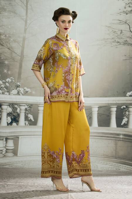 Shop_Rajdeep Ranawat_Yellow Modal, Satin Permaz Floral Border Print Flared Pant _Online_at_Aza_Fashions