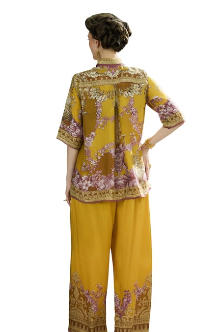 Rajdeep Ranawat_Yellow Modal, Satin Permaz Floral Border Print Flared Pant _at_Aza_Fashions