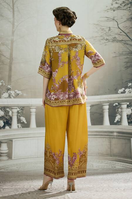 Buy_Rajdeep Ranawat_Yellow Modal, Satin Permaz Floral Border Print Flared Pant 