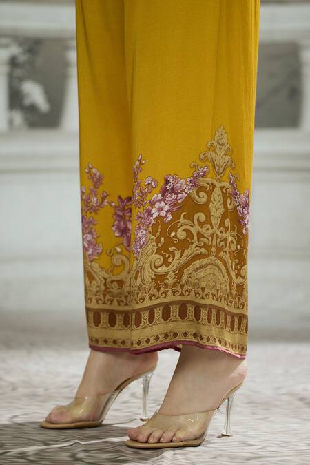 Shop_Rajdeep Ranawat_Yellow Modal, Satin Permaz Floral Border Print Flared Pant 