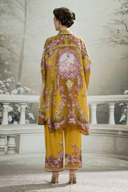 Shop_Rajdeep Ranawat_Yellow Modal, Satin Permaz Rose Border Print Flared Pant _at_Aza_Fashions