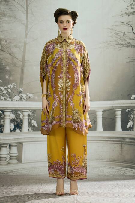 Rajdeep Ranawat_Yellow Modal, Satin Permaz Rose Border Print Flared Pant _Online_at_Aza_Fashions