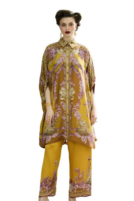 Buy_Rajdeep Ranawat_Yellow Modal, Satin Permaz Rose Border Print Flared Pant _Online_at_Aza_Fashions