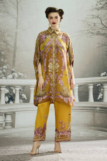 Shop_Rajdeep Ranawat_Yellow Modal, Satin Permaz Rose Border Print Flared Pant _Online_at_Aza_Fashions