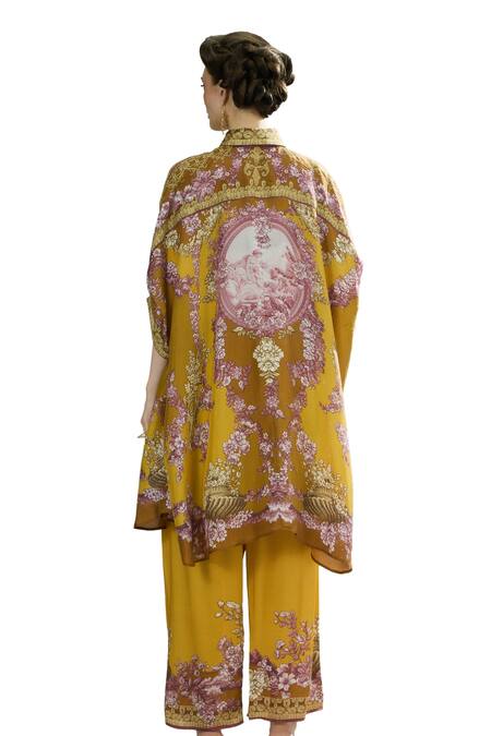 Rajdeep Ranawat_Yellow Modal, Satin Permaz Rose Border Print Flared Pant _at_Aza_Fashions