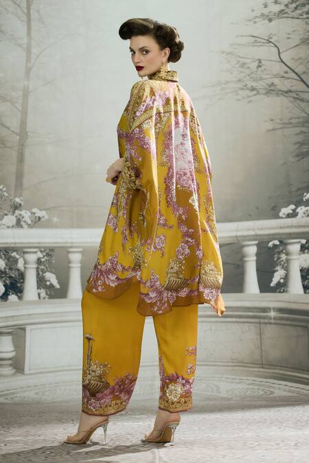Buy_Rajdeep Ranawat_Yellow Modal, Satin Permaz Rose Border Print Flared Pant 