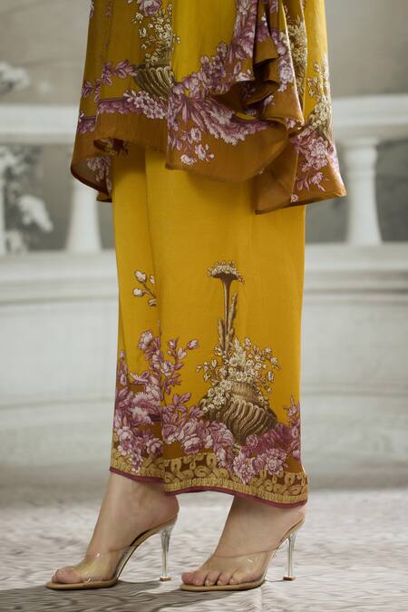 Shop_Rajdeep Ranawat_Yellow Modal, Satin Permaz Rose Border Print Flared Pant 