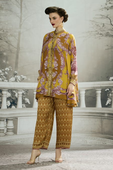 Rajdeep Ranawat Yellow Modal Satin Printed Floral Permaz Flared Pant 