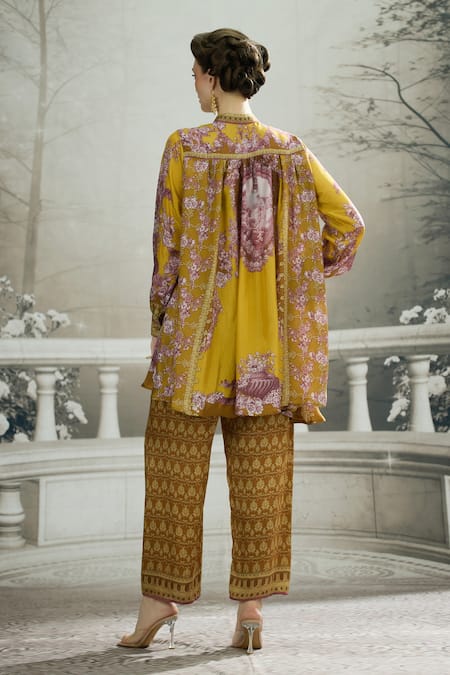 Shop_Rajdeep Ranawat_Yellow Modal, Satin Permaz Floral Print Flared Pant _at_Aza_Fashions