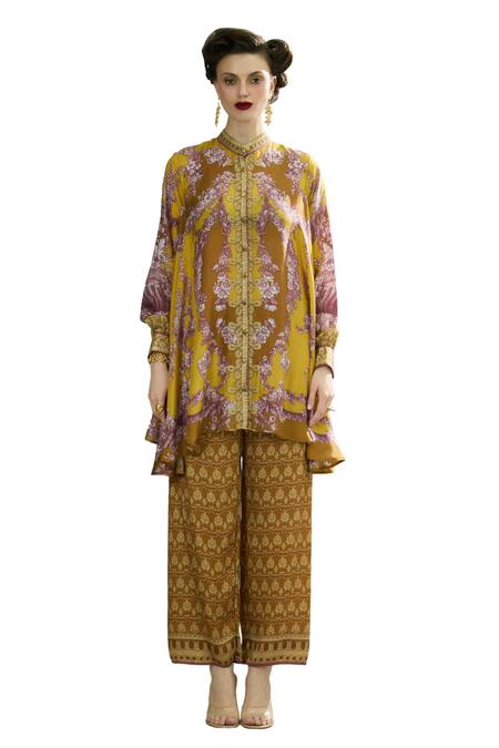 Rajdeep Ranawat_Yellow Modal, Satin Permaz Floral Print Flared Pant _Online_at_Aza_Fashions