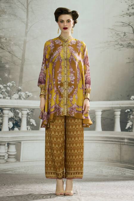 Buy_Rajdeep Ranawat_Yellow Modal, Satin Permaz Floral Print Flared Pant _Online_at_Aza_Fashions