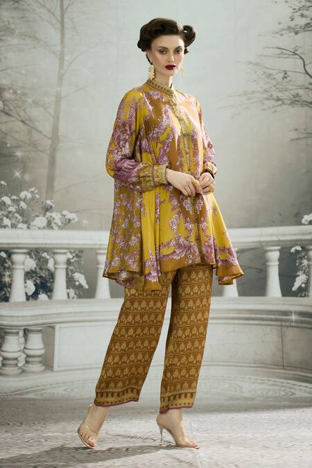 Shop_Rajdeep Ranawat_Yellow Modal, Satin Permaz Floral Print Flared Pant _Online_at_Aza_Fashions