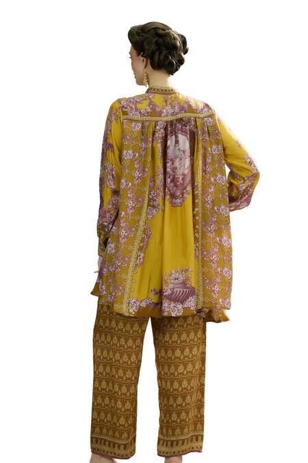 Rajdeep Ranawat_Yellow Modal, Satin Permaz Floral Print Flared Pant _at_Aza_Fashions