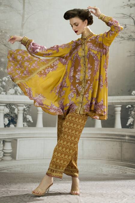 Buy_Rajdeep Ranawat_Yellow Modal, Satin Permaz Floral Print Flared Pant 