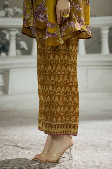 Shop_Rajdeep Ranawat_Yellow Modal, Satin Permaz Floral Print Flared Pant 