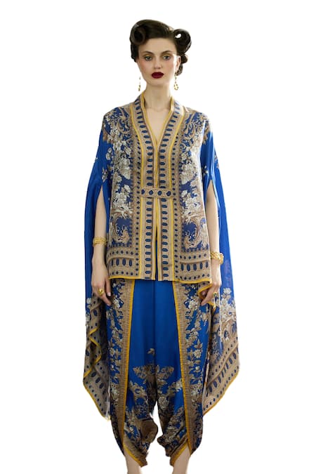 Rajdeep Ranawat_Blue Modal, Satin Embroidery Sonth Flower Border Print Dhoti Pant _Online_at_Aza_Fashions