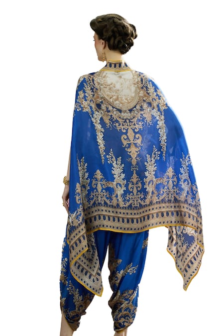 Rajdeep Ranawat_Blue Modal, Satin Embroidery Sonth Flower Border Print Dhoti Pant _at_Aza_Fashions