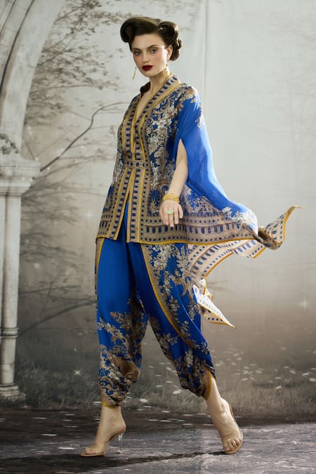 Buy_Rajdeep Ranawat_Blue Modal, Satin Embroidery Sonth Flower Border Print Dhoti Pant 