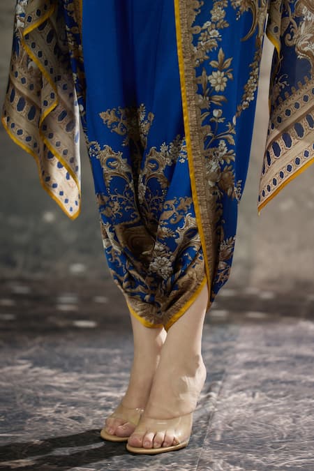 Shop_Rajdeep Ranawat_Blue Modal, Satin Embroidery Sonth Flower Border Print Dhoti Pant 