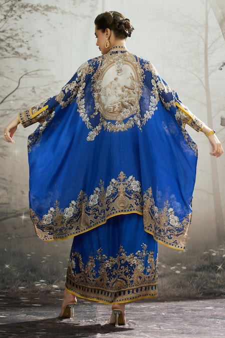 Shop_Rajdeep Ranawat_Blue Modal, Satin Surilee Flower Print Draped Skirt _at_Aza_Fashions