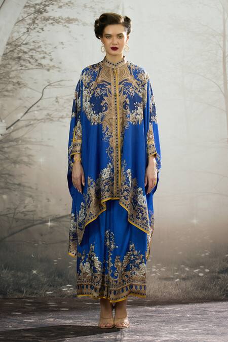 Rajdeep Ranawat_Blue Modal, Satin Surilee Flower Print Draped Skirt _Online_at_Aza_Fashions