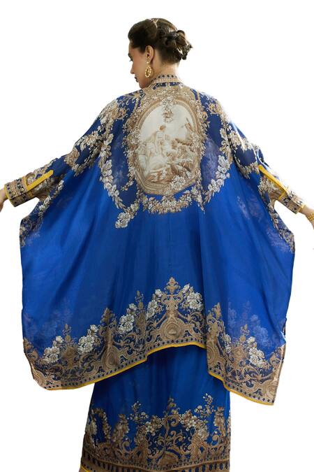 Buy_Rajdeep Ranawat_Blue Modal, Satin Surilee Flower Print Draped Skirt _Online_at_Aza_Fashions