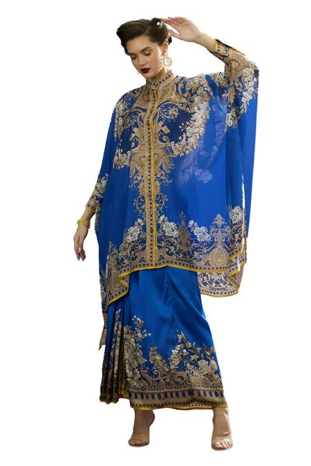 Shop_Rajdeep Ranawat_Blue Modal, Satin Surilee Flower Print Draped Skirt _Online_at_Aza_Fashions