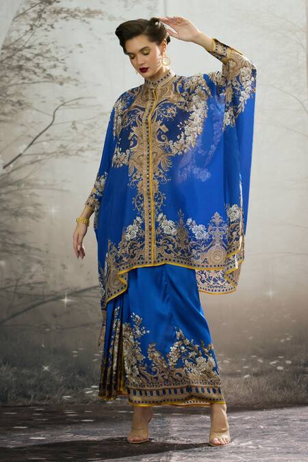 Rajdeep Ranawat_Blue Modal, Satin Surilee Flower Print Draped Skirt _at_Aza_Fashions