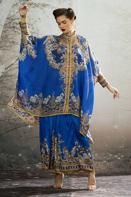 Buy_Rajdeep Ranawat_Blue Modal, Satin Surilee Flower Print Draped Skirt 