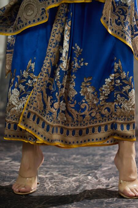 Shop_Rajdeep Ranawat_Blue Modal, Satin Surilee Flower Print Draped Skirt 