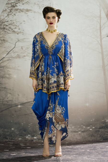Rajdeep Ranawat_Blue Modal, Satin Leila Botanical Print Draped Skirt _Online_at_Aza_Fashions