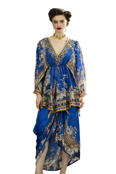 Buy_Rajdeep Ranawat_Blue Modal, Satin Leila Botanical Print Draped Skirt _Online_at_Aza_Fashions