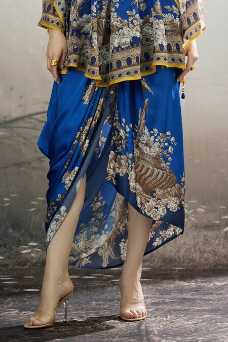 Shop_Rajdeep Ranawat_Blue Modal, Satin Leila Botanical Print Draped Skirt _Online_at_Aza_Fashions