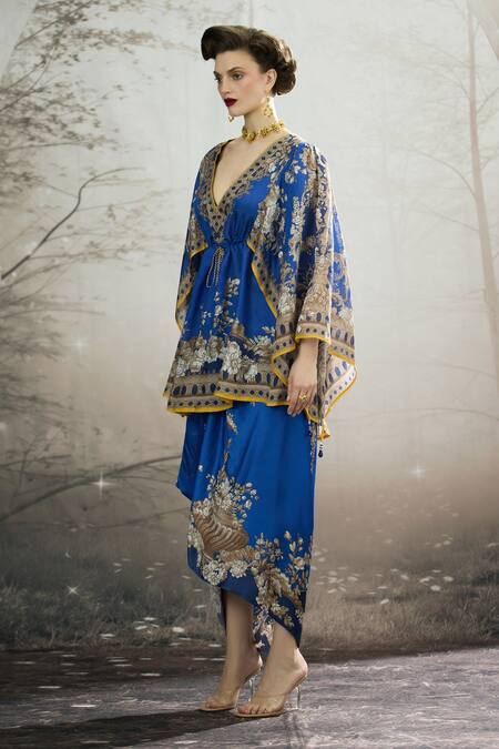 Rajdeep Ranawat_Blue Modal, Satin Leila Botanical Print Draped Skirt _at_Aza_Fashions