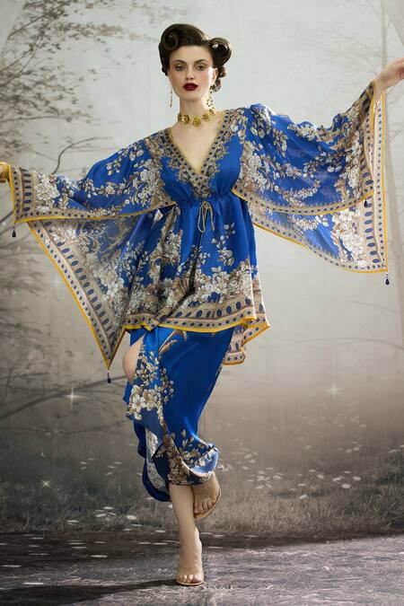 Shop_Rajdeep Ranawat_Blue Modal, Satin Leila Botanical Print Draped Skirt 