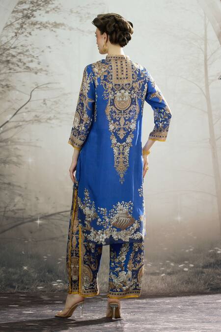 Shop_Rajdeep Ranawat_Blue Silk, Modal Gloria Printed Double Layered Flared Pant _at_Aza_Fashions