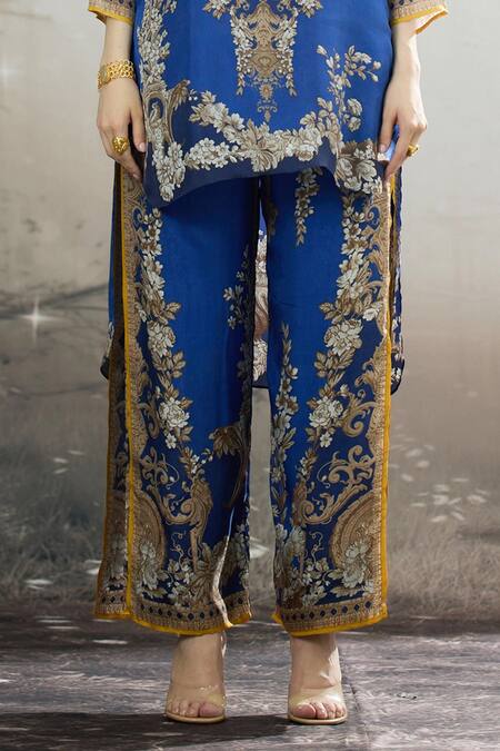 Rajdeep Ranawat_Blue Silk, Modal Gloria Printed Double Layered Flared Pant _Online_at_Aza_Fashions