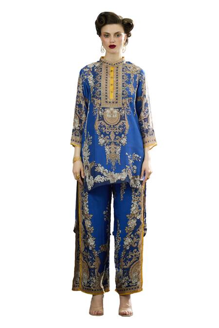 Shop_Rajdeep Ranawat_Blue Silk, Modal Gloria Printed Double Layered Flared Pant _Online_at_Aza_Fashions