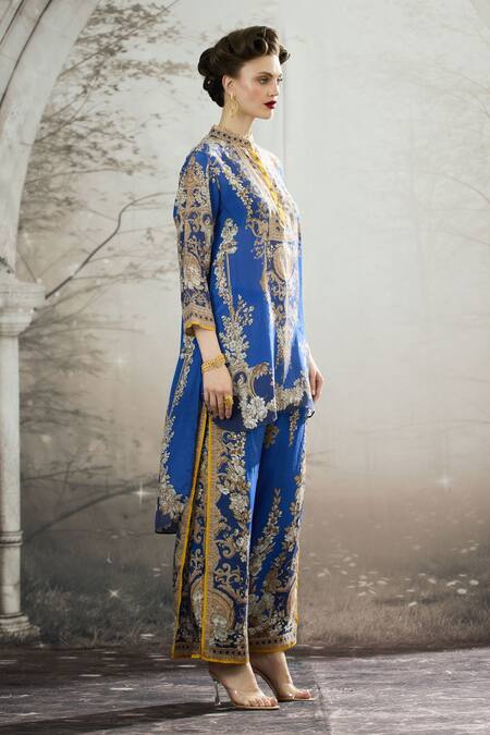 Buy_Rajdeep Ranawat_Blue Silk, Modal Gloria Printed Double Layered Flared Pant 