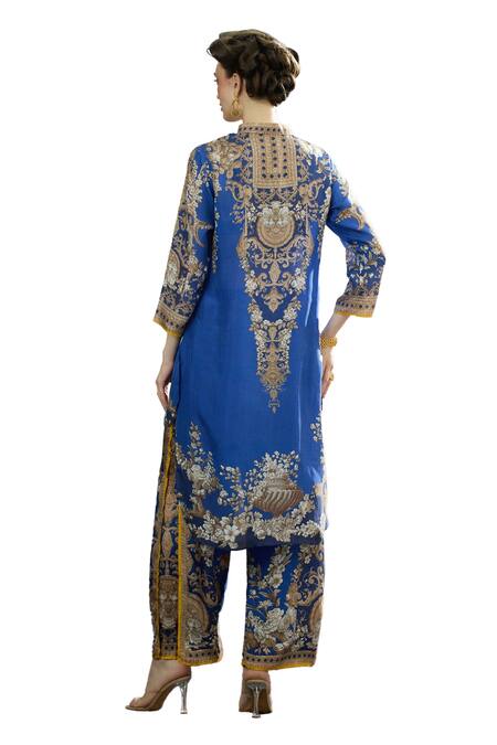 Shop_Rajdeep Ranawat_Blue Silk, Modal Gloria Printed Double Layered Flared Pant 