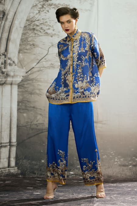 Rajdeep Ranawat Blue Modal Satin Printed Botanical Permaz Flared Pant