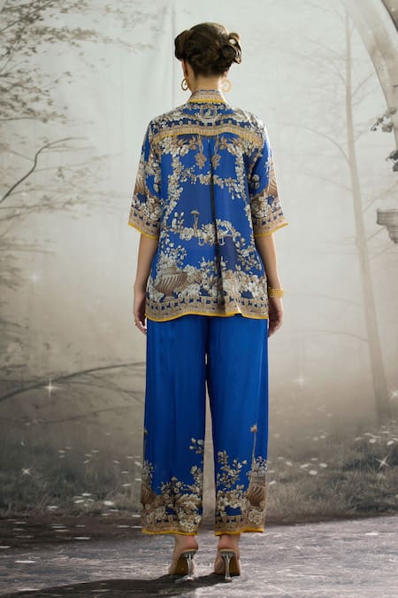 Shop_Rajdeep Ranawat_Blue Modal, Satin Permaz Botanical Print Flared Pant _at_Aza_Fashions