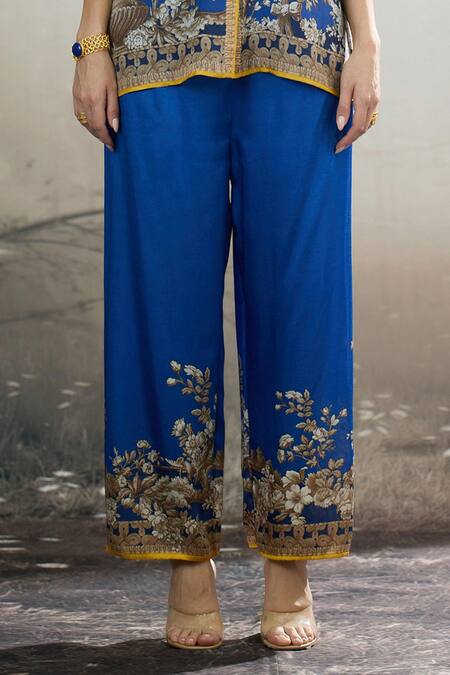 Rajdeep Ranawat_Blue Modal, Satin Permaz Botanical Print Flared Pant _Online_at_Aza_Fashions